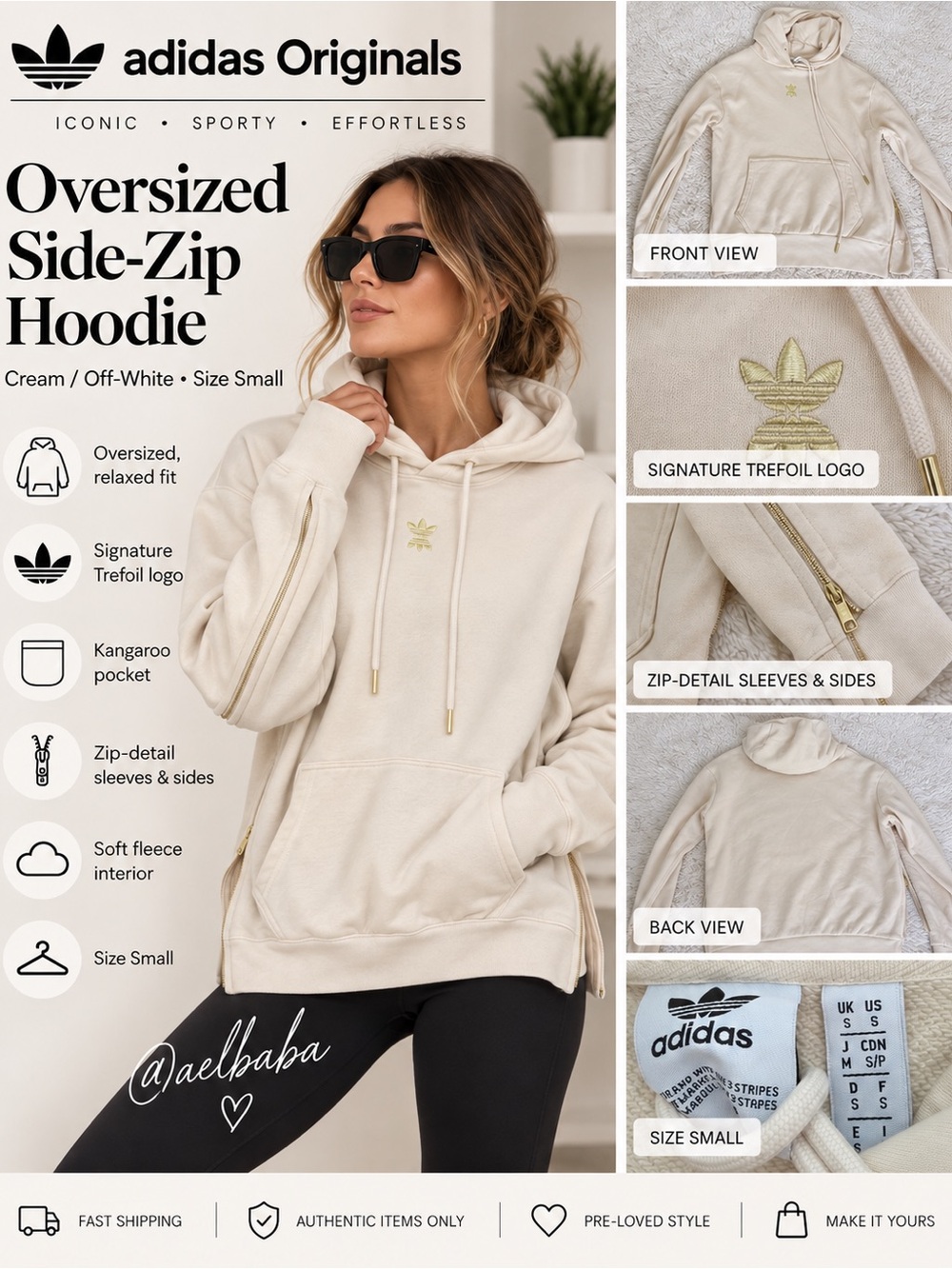 Adidas Originals Trefoil Hoodie – Cream/Beige – Women’s Small